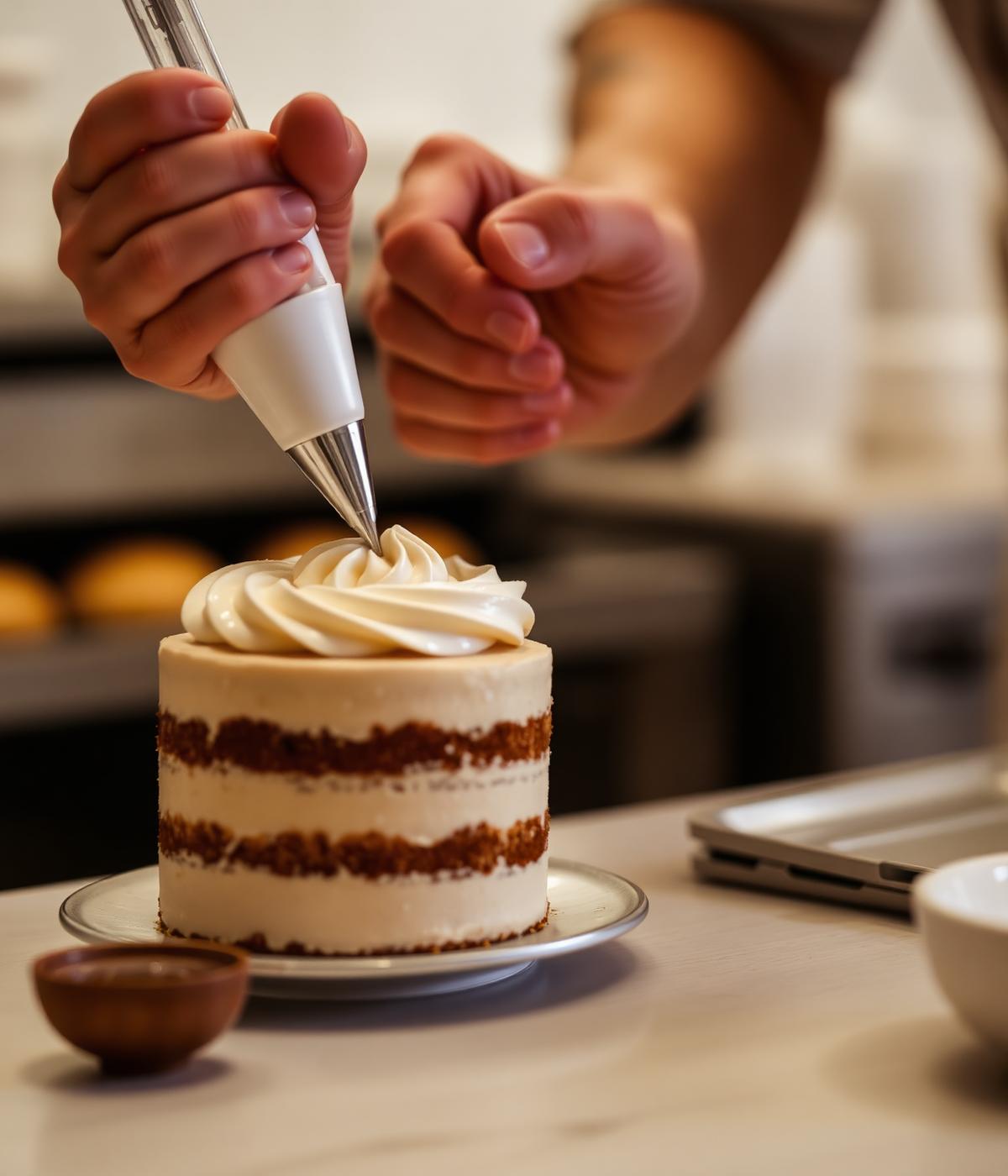 Hands piping buttercream onto a small cake