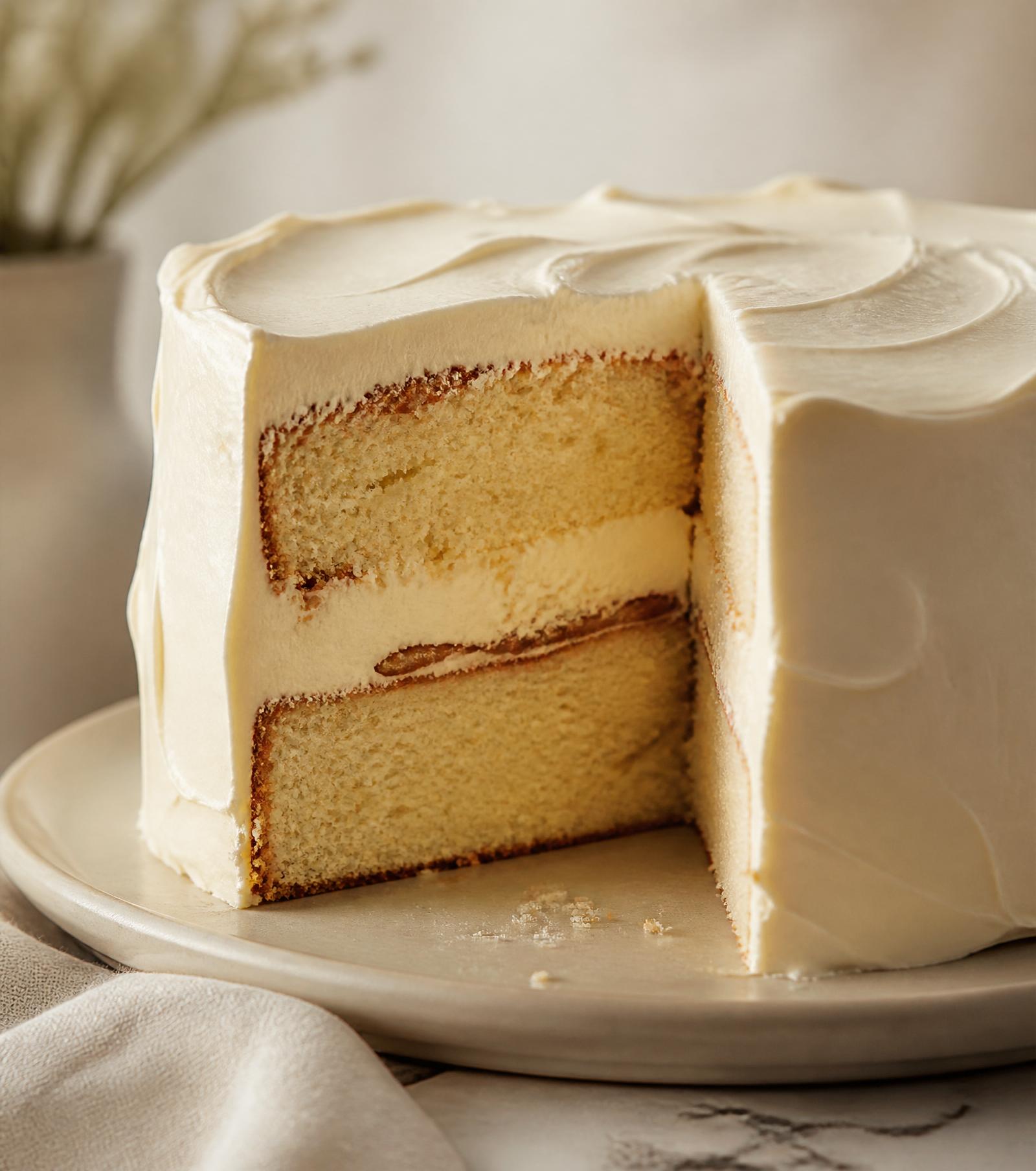 A hand-frosted layer cake on a ceramic plate